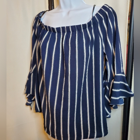 Navy Blue Striped Off-Shoulder Flare Midi Blouse Ruffle Cuffs Mint Condition - Picture 5 of 14